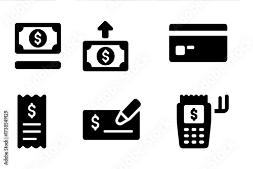 Banking Icons Grid. Solid, filled icon set of banking transactions: deposit icon, withdrawal arrow, ATM card, online transfer, transaction slip, checkbook,