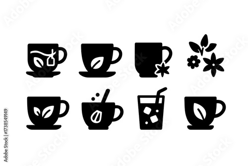 Tea Icon Collection. Solid, filled icon set of tea types: green tea, black tea, herbal tea, chai, oolong, matcha, iced tea, white tea. Solid, filled icons in