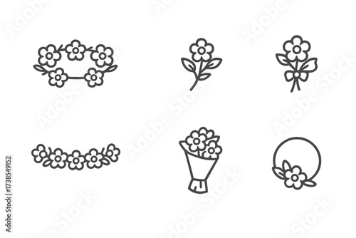 Flower Accessories Icons. Outline icon set of flower accessories: flower crown, boutonniere, corsage, hairpin, garland, petals, bouquet wrap, floral bracelet.