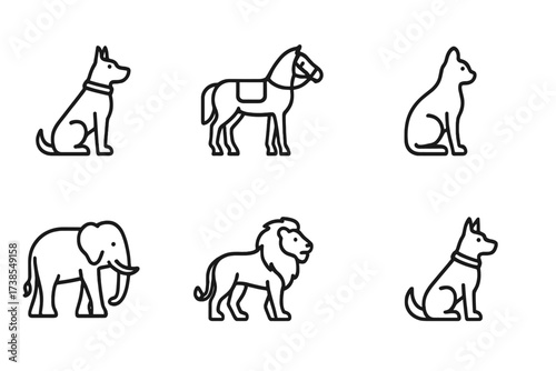 Guardian Animal Icons. Outline icon set of guardian animals: guard dog, police horse, falcon, cat, elephant, lion, wolf, watchdog. Line icons in only black