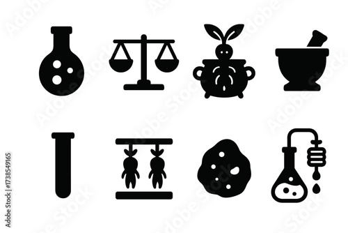 Alchemist Tool Icons. Solid, filled icon set of alchemist tools for mandrake use: distillation flask, alchemy scale, enchanted cauldron, ingredient grinder,