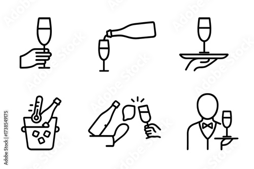 Champagne Etiquette Icons. Outline icon set of champagne serving etiquette: glass handling, pouring technique, serving tray, chilling temperature, bottle