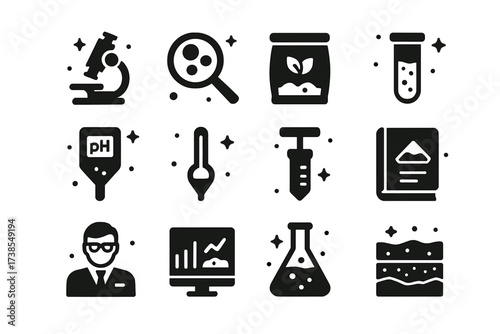 Soil Science Icons. Soil science. Solid icons set of microscope soil particle, magnifying glass, soil sample bag, test tube, soil pH test, hydrometer, soil