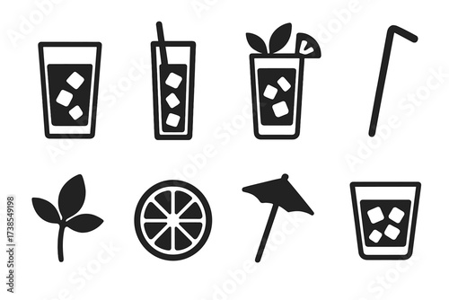 Mojito Icons Grid. Solid, filled icon set of mojito serving styles: highball glass, tall glass, garnished glass, straw, mint sprig, lime slice, cocktail