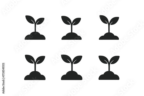 Tree Seedling Logos. Fertile soil. Set Logo of Tree seedling: Tree seedling. Minimal outline, Symmetrical form, Filled silhouette, Negative space, Iconic