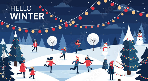 Illustration of People Ice Skating and Enjoying Winter Activities in a Snowy Forest Scene with Festive Lights and Decorations