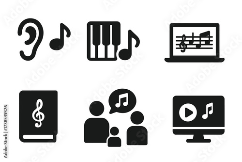 Music Education Icons. Solid, filled icon set of improvisation educational methods: ear training, scale exercises, transcribing solos, practicing with backing