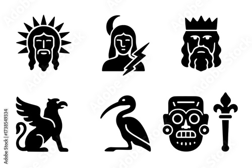 Mythical Icons Grid. Solid, filled icon set of ancient gods and mythology: sun god, moon goddess, thunder god, sea deity, winged creature, sacred animal,