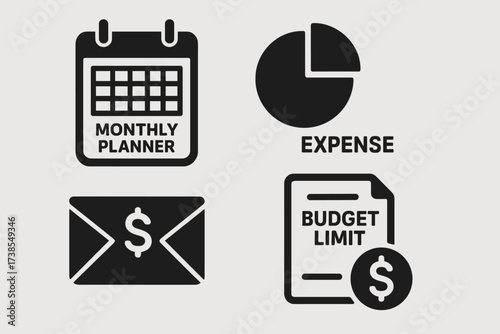 Budgeting Essentials Icons. Solid, filled icon set of budgeting essentials: monthly planner, expense pie, money envelope, budget limit icon, categorized