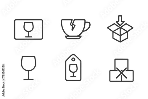Delicate Shipment Icons. Outline icon set of delicate shipment: fragile label, broken cup, careful handling, do not drop, glass icon, fragile tag, cushioning