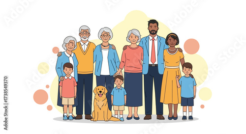A Generational Family Portrait Featuring Three Generations Including Grandparents Parents Children and a Beloved Pet Dog