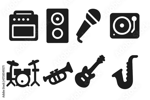 Musical Icons Grid. Solid, filled icon set of loud sound sources: guitar amplifier, bass speaker, microphone, DJ turntable, drum set, trumpet, electric guitar,
