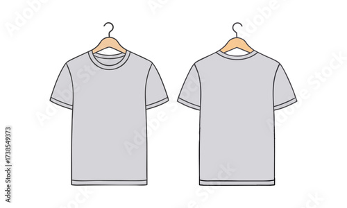 T-Shirt Mockup Front and Back View on Wooden Hanger, Minimal Vector, Light Grey on White, t-shirt mockup template, easily editable and scalable.  