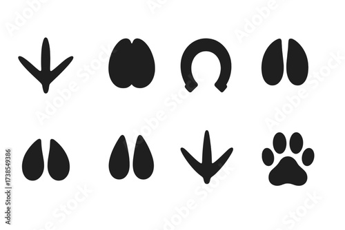 Farm Animal Tracks. Solid, filled icon set of farm animal tracks: chicken tracks, pig hoof print, horse hoof print, cow hoof print, sheep hoof print, goat hoof