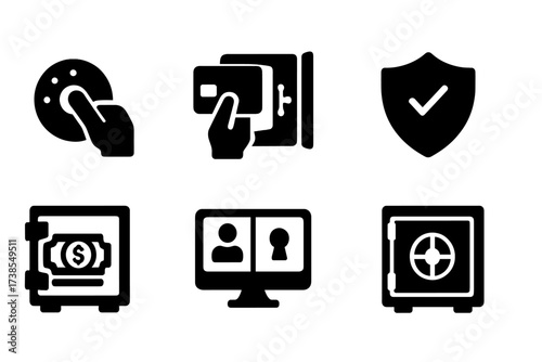 Vault Operation Icons. Solid, filled icon set of vault operations: lock turning, access card swipe, vault opening, security check, cash loading, surveillance