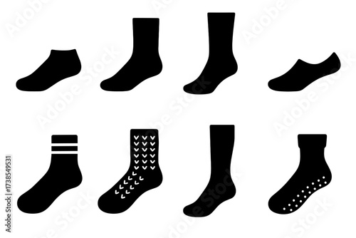 Sock Types Icons. Solid, filled icon set of socks types: ankle socks, crew socks, knee-high socks, no-show socks, athletic socks, wool socks, compression