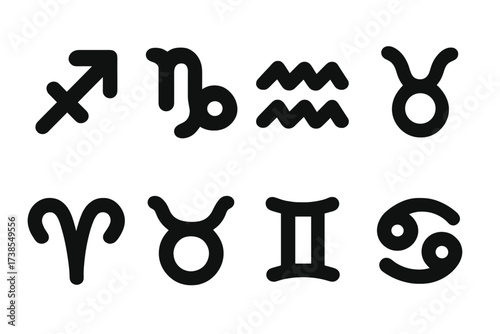 Zodiac Glyph Icon Set. Solid, filled icon set of zodiac glyphs: Sagittarius, Capricorn, Aquarius, Pisces, Aries, Taurus, Gemini, Cancer. Solid, filled icons in