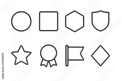 Badge Icon Set. Outline icon set of badge types: round badge, square badge, hexagon badge, shield badge, star badge, ribbon badge, flag badge, diamond badge.