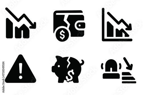 Market Downturn Icons. Solid, filled icon set of market collapse: falling stock arrow, broken wallet, damaged coin, descending line graph, warning sign,
