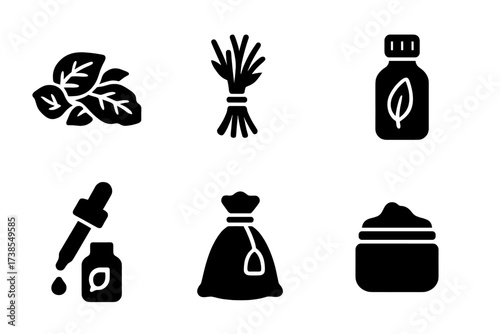 Herbal Icons Grid. Solid, filled icon set of dried herbs and products: dried basil, herb bundle, herbal tea cup, essential oil bottle, tincture dropper, herbal