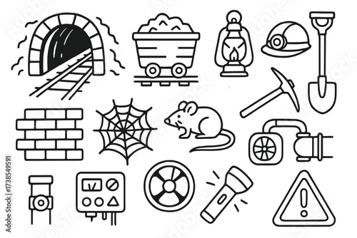 Underground Tunnel Icons. Hand-drawn doodle illustration Underground tunnels tunnel entrance, railway tracks, mining cart, lantern, pickaxe, helmet, shovel,