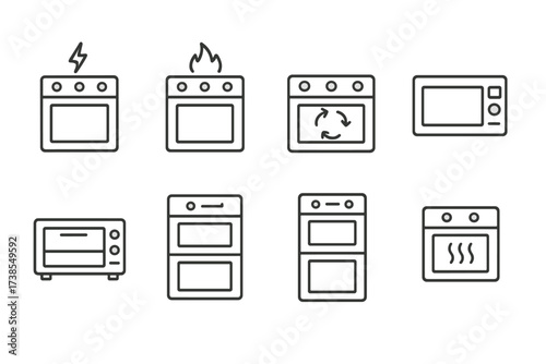Oven Icons Collection. Outline icon set of oven types: electric oven, gas oven, convection oven, microwave oven, toaster oven, wall oven, double oven, steam