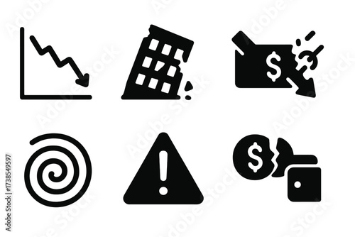 Economic Crisis Icons. Solid, filled icon set of economic devaluation: falling stock chart, crumbling building, declining cash flow, broken chain, downward