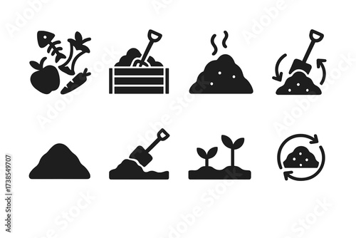 Composting Stages Icons. Solid, filled icon set of composting stages: fresh scraps, mixing pile, decomposing heap, turning pile, finished compost, soil