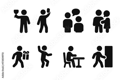 Party Activity Icons. Solid, filled icon set of party guest actions: raising glass, taking selfie, chatting in group, arriving with present, dancing, sitting