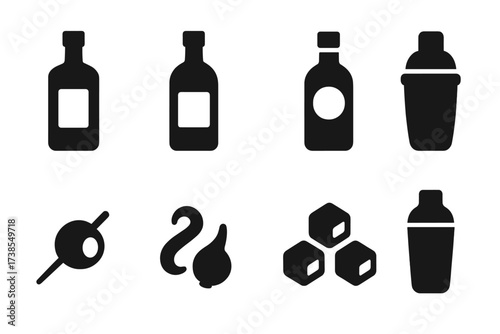 Martini Icon Set. Solid, filled icon set of martini ingredients: gin bottle, vodka bottle, vermouth bottle, olive, lemon twist, cocktail onion, ice cubes,