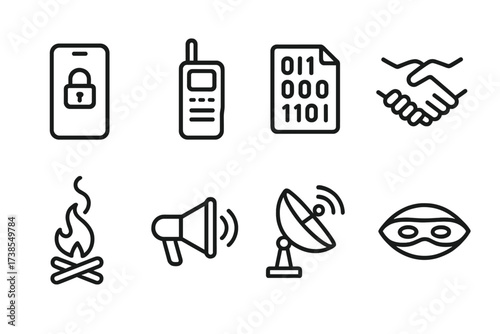 Cartel Communication Icons. Outline icon set of cartel communication: encrypted phone, walkie-talkie, coded message, secret handshake, smoke signal, megaphone,