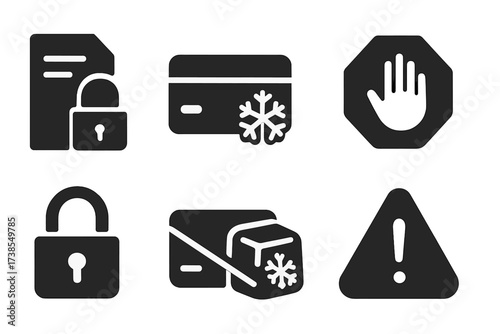 Freeze Protection Icons. Solid, filled icon set of freeze protection system: locked credit file, frozen card, alert badge, stop sign, security lock, canceled