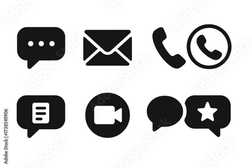 Open Communication Icons. Solid, filled icon set of open communication: open chat, open email, open phone, open call, open message, open video, open forum,