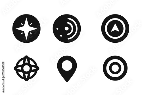 Circle Tool Icons. Solid, filled icon set of circle-related navigation tools: compass rose, radar scan, sonar ring, directional dial, gyroscope, sextant wheel,