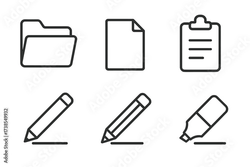 Document Handling Icons. Outline icon set of document handling: folder, file, document, clipboard, pen, pencil, highlighter, eraser. Line icons in only black