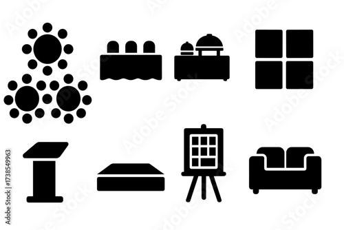 Banquet Room Icons. Solid, filled icon set of banquet room layout: round banquet tables, head table, buffet station, dance floor, podium, stage platform,