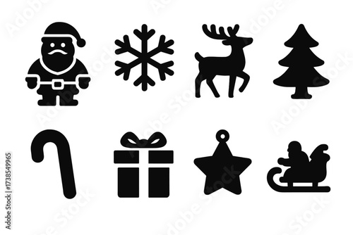 Holiday Ice Sculpture Icons. Solid, filled icon set of holiday-themed ice sculptures: Santa figure, snowflake, reindeer, Christmas tree, candy cane, gift box,