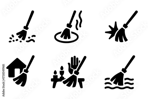 Ritual Broom Icon Set. Solid, filled icon set of ritual broom uses: sweeping ritual, cleansing circle, smoke clearing, energy sweep, home blessing, altar