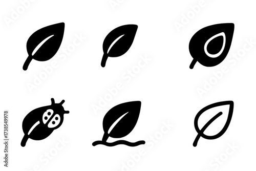 Nature's Leaf Icon Set. Solid, filled icon set of leaves in nature: leaf on branch, leaf falling, leaf pile, leaf with dew, leaf with insect, leaf shadow, leaf