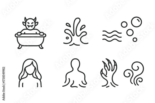 Water Spirit Icons. Outline icon set of water spirits: bath demon, water splash, rippling waves, underwater bubbles, flowing hair, watery silhouette, aquatic