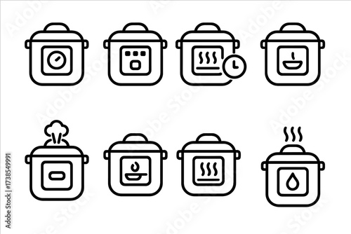 Pressure Cooker Icon Set. Outline icon set of pressure cooker cooking modes: manual mode, preset mode, delay start, keep warm, slow cook, saute, pressure