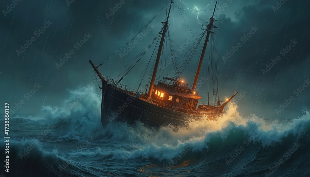 Obraz premium Dramatic photo of ship sailing during violent storm at sea. Vessel battles massive waves under dark sky with lightning strikes. Marine adventure with stormy ocean environment concept.