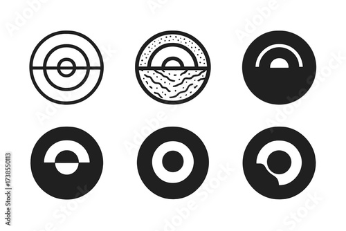 Planetary Emblem Variations. Hemisphere. Set Logo of hemisphere: planetary cross-section. harmonious logo variations of the same emblematic concept, each with