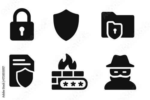 Privacy Icon Set. Solid, filled icon set of recipient privacy: lock, shield, eye with slash, secure folder, privacy policy document, firewall, password, user