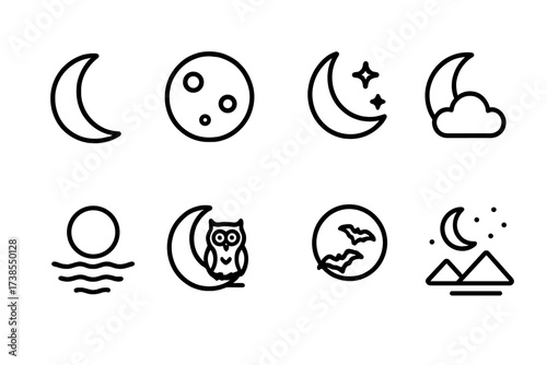 Moonlight Icon Set. Outline icon set of moonlight: crescent moon, full moon, moon with stars, moon behind clouds, moon reflection on water, moon and owl, moon