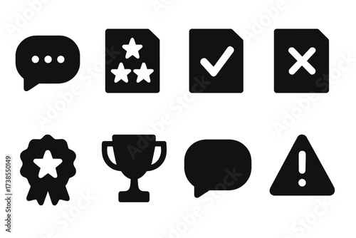 Feedback Icon Set. Solid, filled icon set of assignment feedback: comment, star rating, checkmark, cross, badge, trophy, message, alert. [Line icons in only