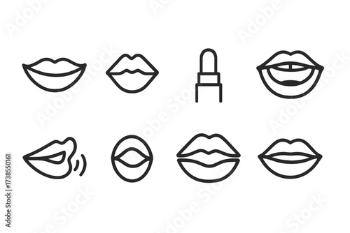 Lips Icon Collection. Outline icon set of lips and mouth expressions: smiling lips, puckered lips, lips with lipstick, laughing mouth, whispering lips,