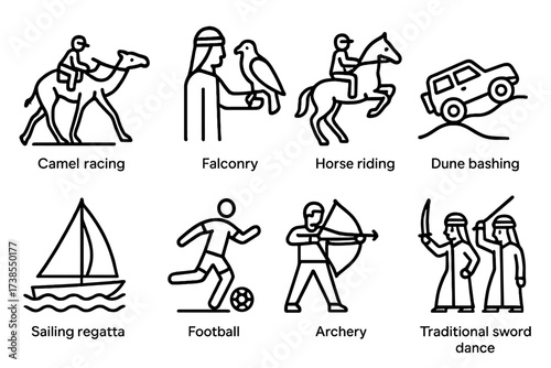 Kuwaiti Sports Icons. Outline icon set of Kuwaiti sports: Camel racing, Falconry, Horse riding, Dune bashing, Sailing regatta, Football, Archery, Traditional