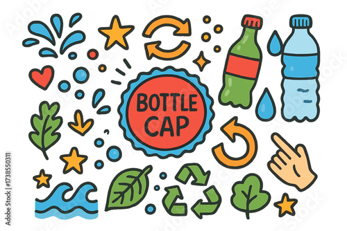 Playful Bottle Cap Icons. Bottle Cap. Colorful Hand-drawn doodle Children illustration Bottle Cap soda bottle, cap, twist arrows, fizz bubbles, hand icon,