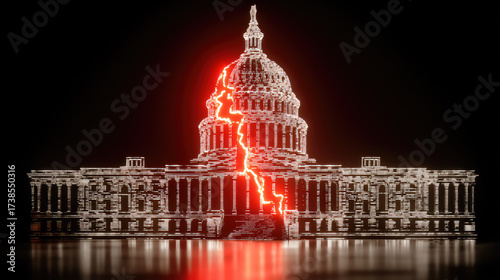 US government shutdown and political crisis concept. A cracked digital Capitol building symbolizes a broken government.